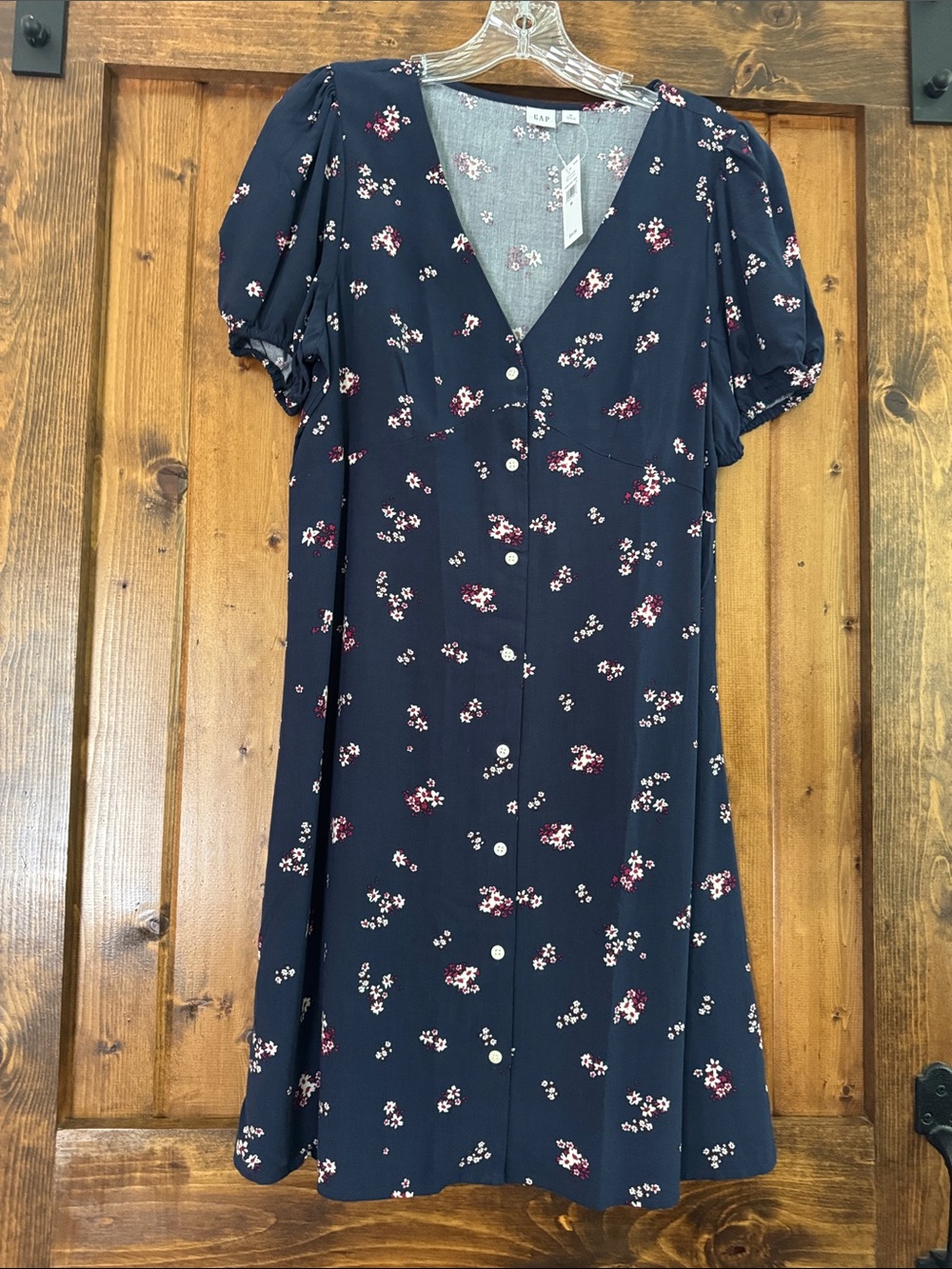 GAP Navy Floral Midi Dress with Puff Sleeves